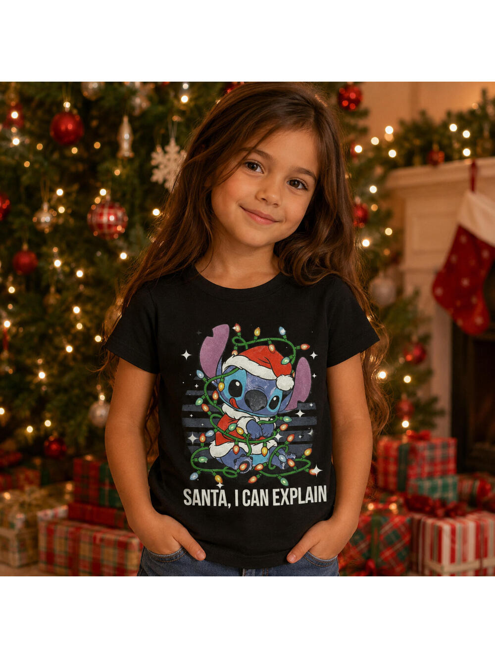 Disney Girls Graphic Shirt Top “Santa, I Can Explain”  STITCH Christmas Size Sm